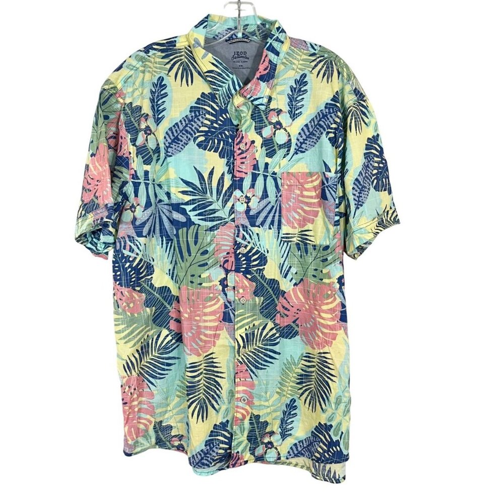 Izod Saltwater Yellow Multi Hawaiian Shirt Leaf Print Tropical Short Sleeve XXL‎